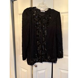 American Nights Black Beaded Cocktail Jacket XL Likely‎ Vintage